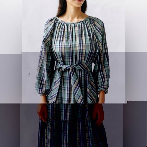 MIRTH Maxi Dress Medium Ostuni Ocean Plaid NWT Cotton Handloomed Pockets Belt - Picture 4 of 14